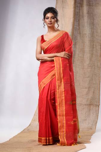 Red Cotton Silk Handwoven Soft Saree With Sequins Work