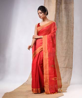 Red Cotton Silk Handwoven Soft Saree With Sequins Work 2