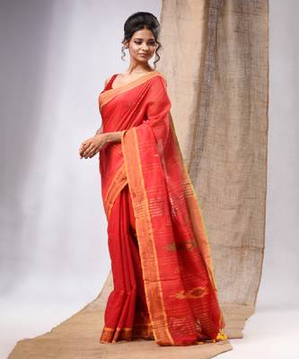 Red Cotton Silk Handwoven Soft Saree With Sequins Work 3