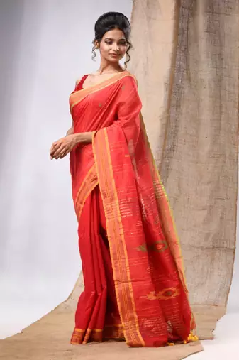 Red Cotton Silk Handwoven Soft Saree With Sequins Work