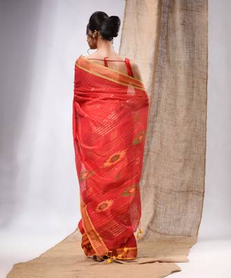 Red Cotton Silk Handwoven Soft Saree With Sequins Work 4
