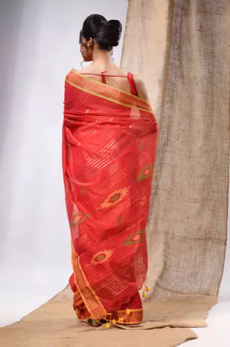 Red Cotton Silk Handwoven Soft Saree With Sequins Work