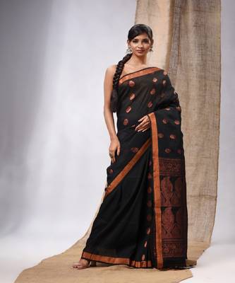 Black Linen Handwoven Saree With Zari Woven Nakshi Design 1