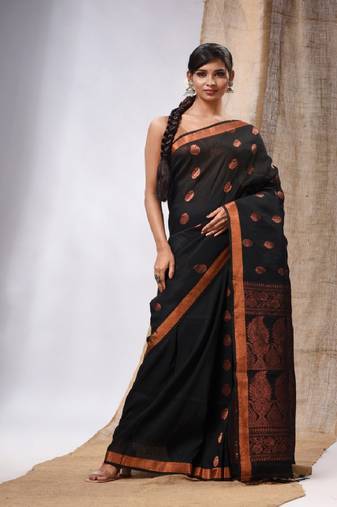 Black Linen Handwoven Saree With Zari Woven Nakshi Design