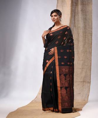 Black Linen Handwoven Saree With Zari Woven Nakshi Design 2