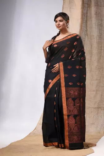 Black Linen Handwoven Saree With Zari Woven Nakshi Design