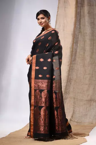 Black Linen Handwoven Saree With Zari Woven Nakshi Design