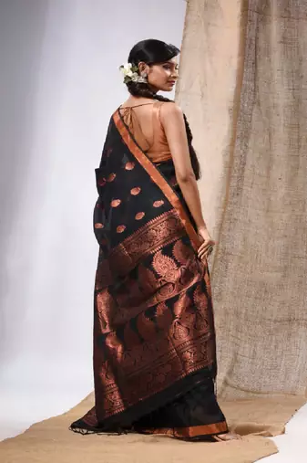 Black Linen Handwoven Saree With Zari Woven Nakshi Design