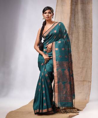 Teal Linen Handwoven Saree With Zari Woven Nakshi Design 1