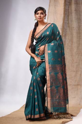 Teal Linen Handwoven Saree With Zari Woven Nakshi Design