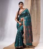 Teal Linen Handwoven Saree With Zari Woven Nakshi Design
