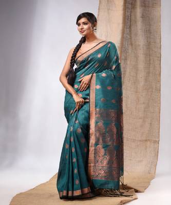Teal Linen Handwoven Saree With Zari Woven Nakshi Design 2