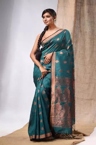 Teal Linen Handwoven Saree With Zari Woven Nakshi Design