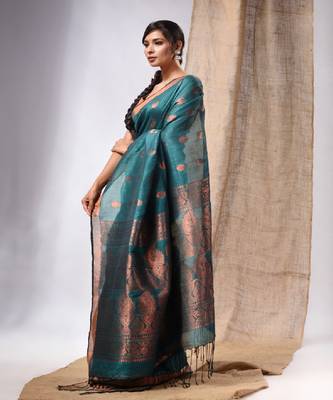 Teal Linen Handwoven Saree With Zari Woven Nakshi Design 3