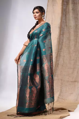 Teal Linen Handwoven Saree With Zari Woven Nakshi Design