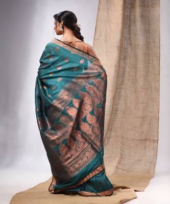 Teal Linen Handwoven Saree With Zari Woven Nakshi Design 4