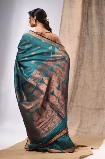 Teal Linen Handwoven Saree With Zari Woven Nakshi Design