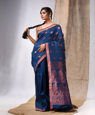 Teal Blue Linen Handwoven Saree With Zari Woven Nakshi Design 1