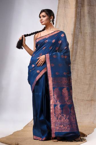Teal Blue Linen Handwoven Saree With Zari Woven Nakshi Design