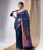 Teal Blue Linen Handwoven Saree With Zari Woven Nakshi Design