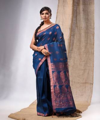 Teal Blue Linen Handwoven Saree With Zari Woven Nakshi Design 2