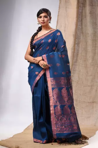 Teal Blue Linen Handwoven Saree With Zari Woven Nakshi Design