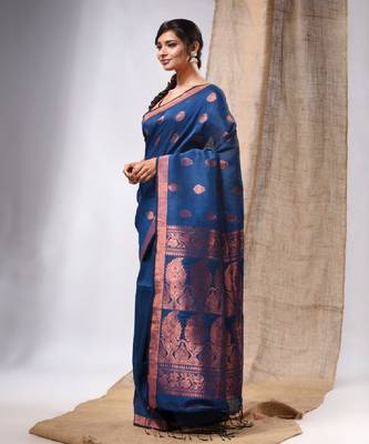 Teal Blue Linen Handwoven Saree With Zari Woven Nakshi Design 3