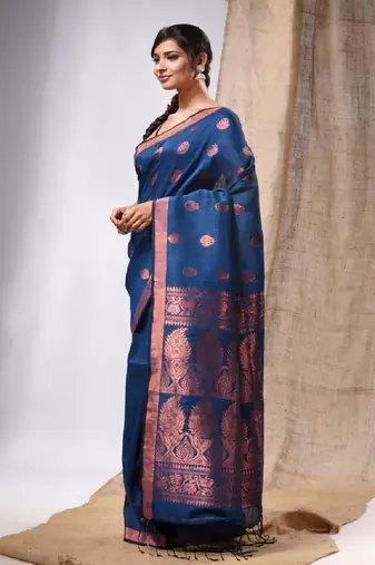 Teal Blue Linen Handwoven Saree With Zari Woven Nakshi Design