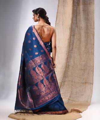 Teal Blue Linen Handwoven Saree With Zari Woven Nakshi Design 4