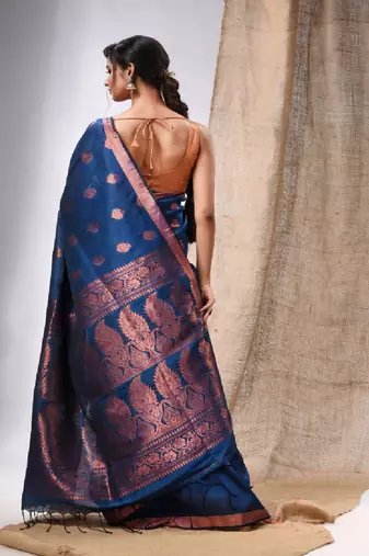 Teal Blue Linen Handwoven Saree With Zari Woven Nakshi Design