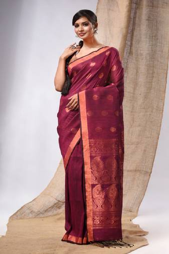 Magenta Linen Handwoven Saree With Zari Woven Nakshi Design