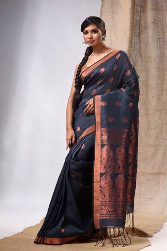 Grey Linen Handwoven Saree With Zari Woven Nakshi Design