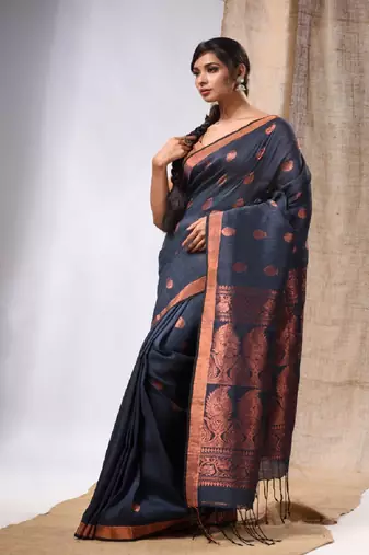 Grey Linen Handwoven Saree With Zari Woven Nakshi Design