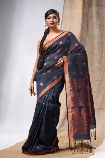 Grey Linen Handwoven Saree With Zari Woven Nakshi Design