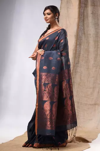 Grey Linen Handwoven Saree With Zari Woven Nakshi Design
