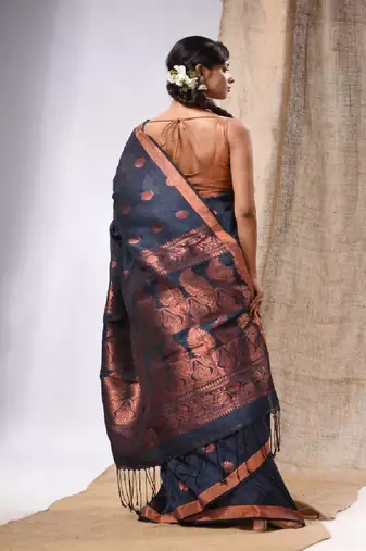 Grey Linen Handwoven Saree With Zari Woven Nakshi Design