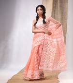 Peach Muslin Handwoven Saree With Jamdani Designs