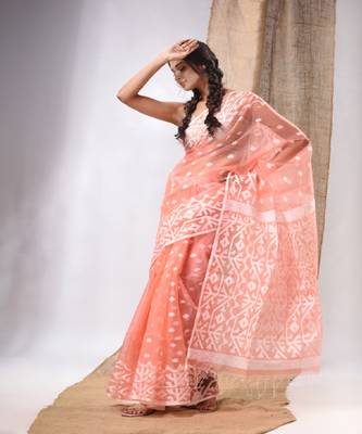 Peach Muslin Handwoven Saree With Jamdani Designs 2