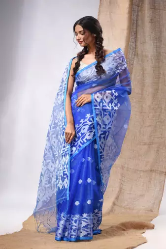 Sapphire Blue Muslin Handwoven Saree With Jamdani Designs