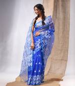 Sapphire Blue Muslin Handwoven Saree With Jamdani Designs