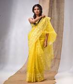 Yellow Muslin Handwoven Saree With Jamdani Designs