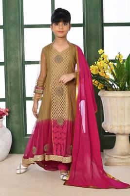 Gold embroidered net a line kids salwar suits 2