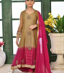 Gold embroidered net a line kids salwar suits