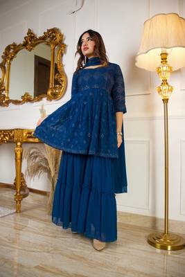 Embroidered sequinned anarkali kurti and sharara with dupatta 3