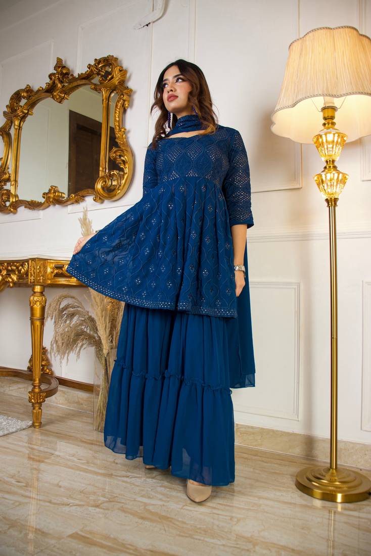 Embroidered sequinned anarkali kurti and sharara with dupatta