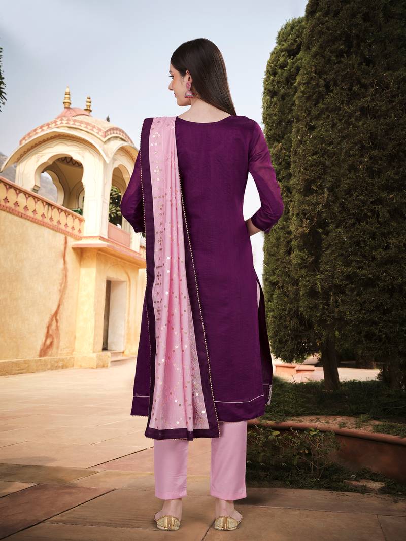Trendmalls Purple Chanderi Embroidered Sequence Work Party Wear Kurta Pant with Dupatta Salwar Suit Set