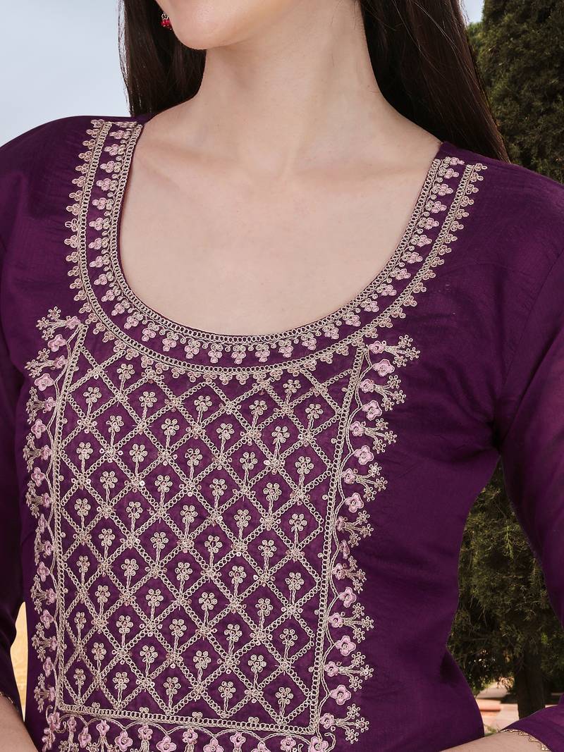 Trendmalls Purple Chanderi Embroidered Sequence Work Party Wear Kurta Pant with Dupatta Salwar Suit Set