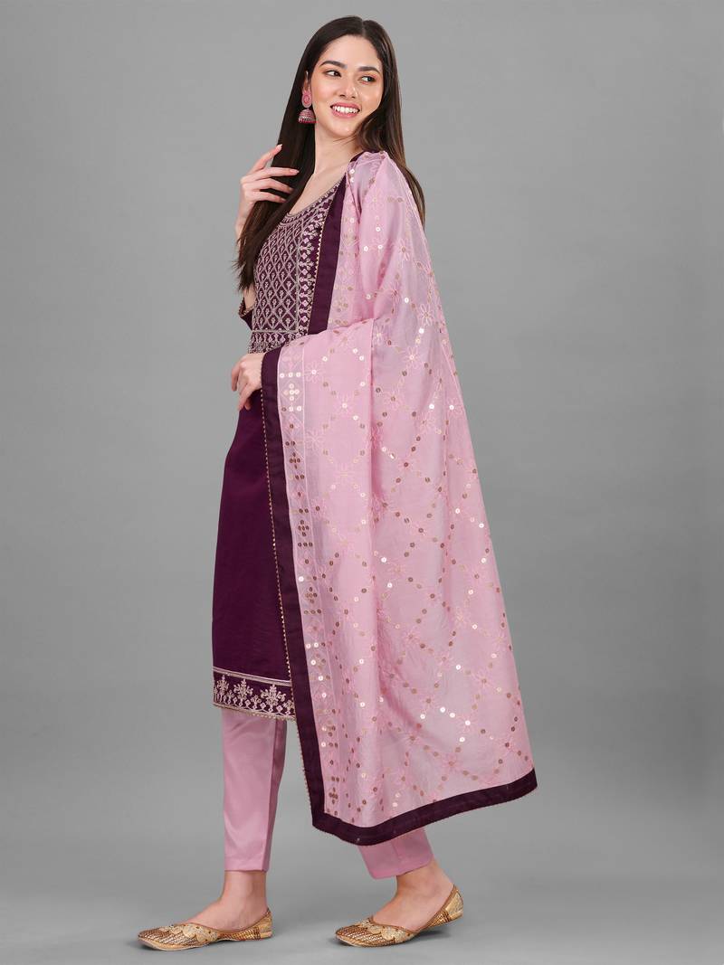 Trendmalls Purple Chanderi Embroidered Sequence Work Party Wear Kurta Pant with Dupatta Salwar Suit Set