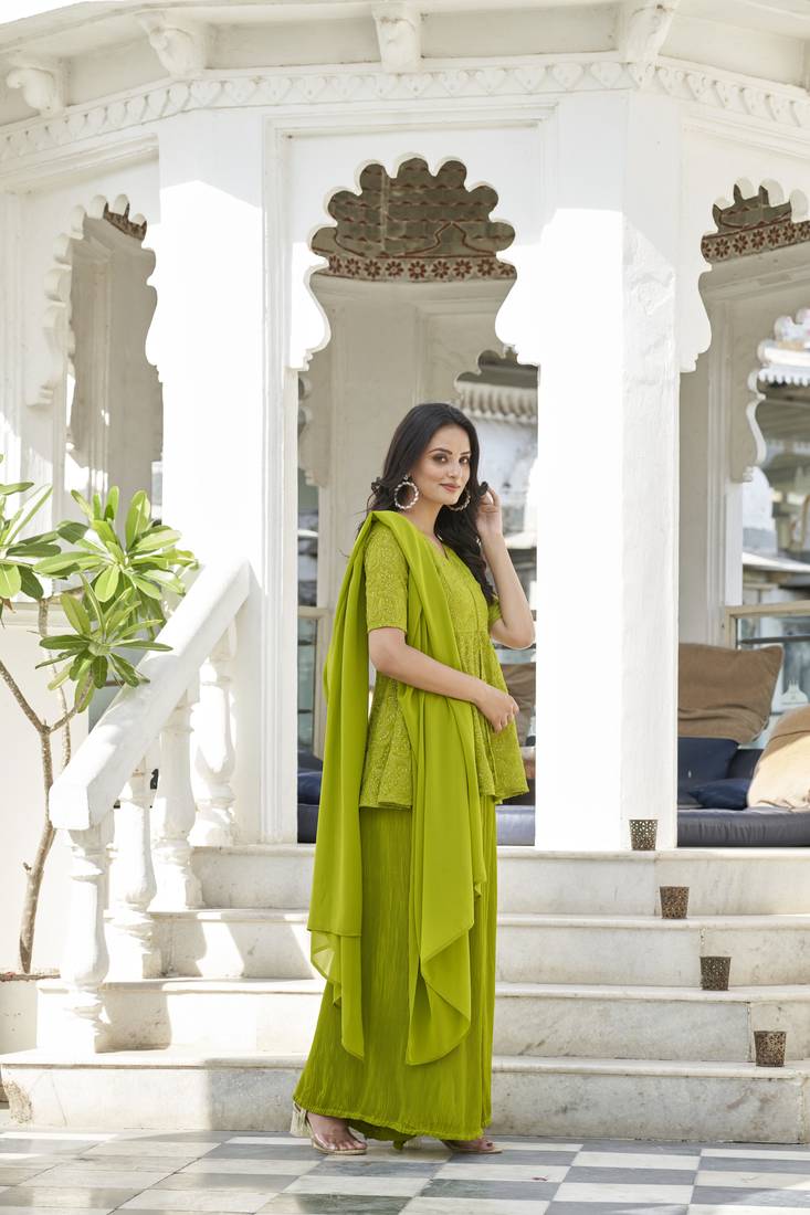 Lime green ethnic motifs embroidered  kurta with palazzo and dupatta