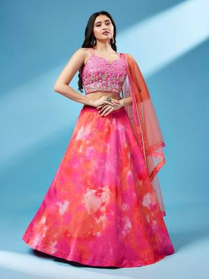 Orange Organza Shibori Printed Semi-Stitched Lehenga choli & Dupatta 2